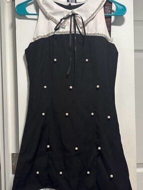 Custom Sleeveless Black Dress with White Peter Pan Collar and Pearl Accents
